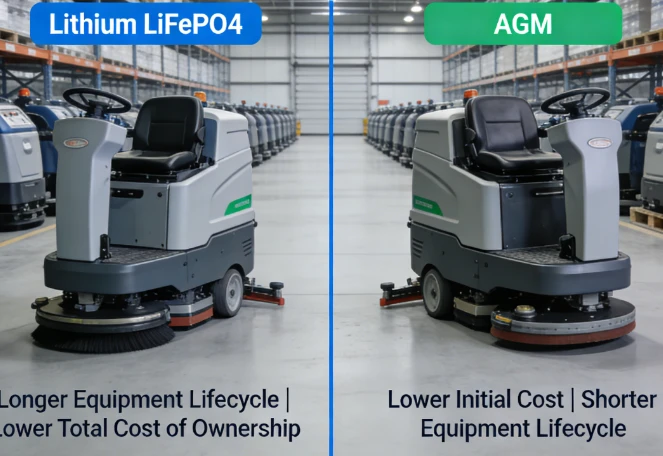 Fleet of industrial floor scrubbers in a commercial warehouse, highlighting the importance of choosing between Lithium LiFePO4 and AGM batteries for optimal equipment lifecycle and total cost of ownership Fleet of industrial floor scrubbers in a commercial warehouse, highlighting the importance of choosing between Lithium LiFePO4 and AGM batteries for optimal equipment lifecycle and total cost of ownership