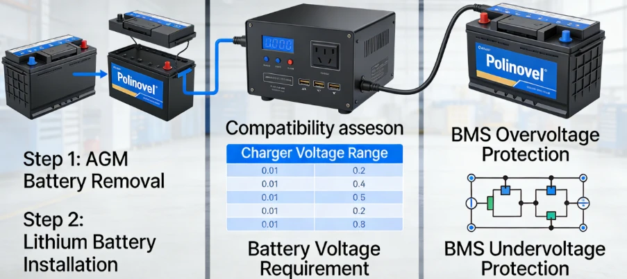Industrial battery charger connected to a Polinovel lithium battery, demonstrating AGM to Lithium conversion process, charger compatibility assessment, and BMS voltage protection Industrial battery charger connected to a Polinovel lithium battery, demonstrating AGM to Lithium conversion process, charger compatibility assessment, and BMS voltage protection