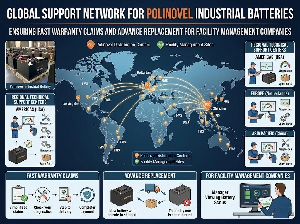 Global distribution network and regional technical support centers for Polinovel industrial batteries, ensuring fast warranty claims and advance replacement for facility management companies Global distribution network and regional technical support centers for Polinovel industrial batteries, ensuring fast warranty claims and advance replacement for facility management companies