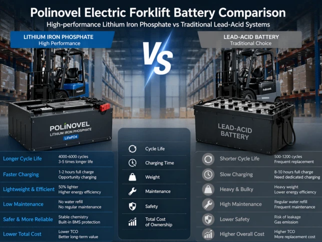Polinovel electric forklift battery comparison between high-performance lithium iron phosphate and traditional lead-acid systems in a modern logistics warehouse.