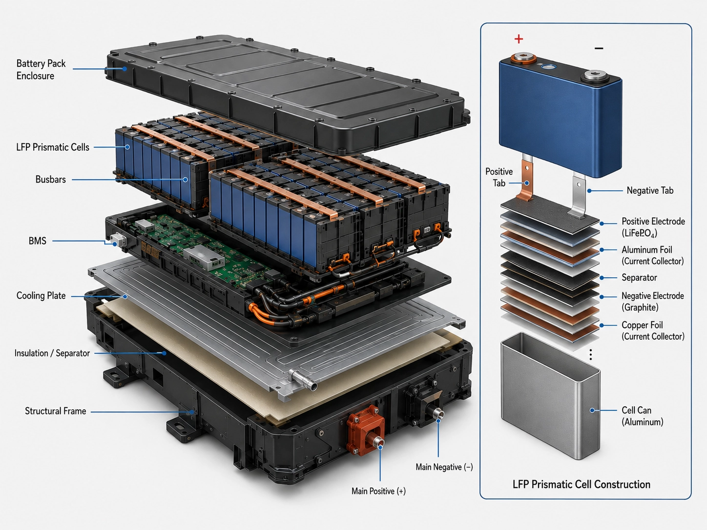 Industrial Lithium Ferrous Phosphate LFP battery cell pack architecture showing heavy-duty iron phosphate cell construction Industrial Lithium Ferrous Phosphate LFP battery cell pack architecture showing heavy-duty iron phosphate cell construction